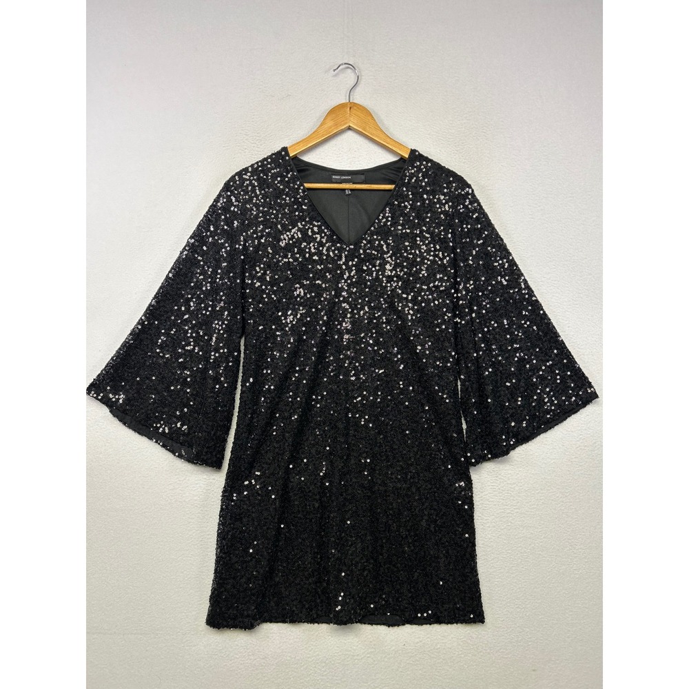 Holiday Glam Maggy London Womens US 8 Black Sequin Bell Sleeve Shift Dress